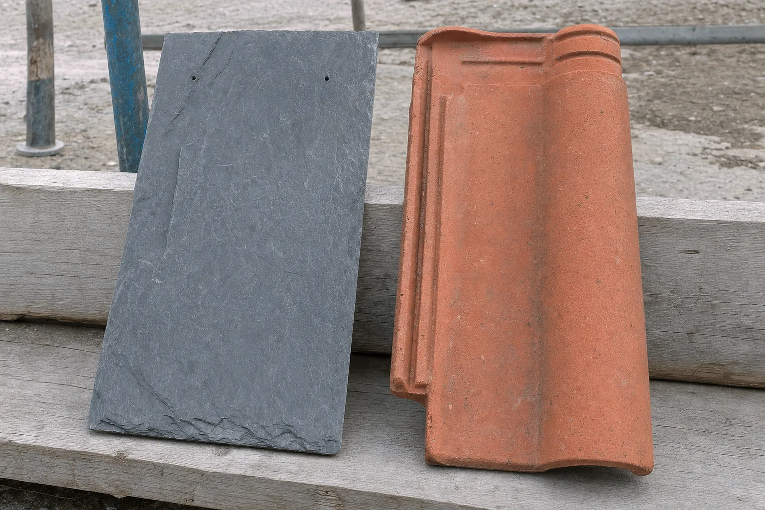 Gros plan sur une ardoise naturelle grise et une tuile terre cuite posées côte à côte, montrant le contraste de texture et de teinte entre les deux matériaux