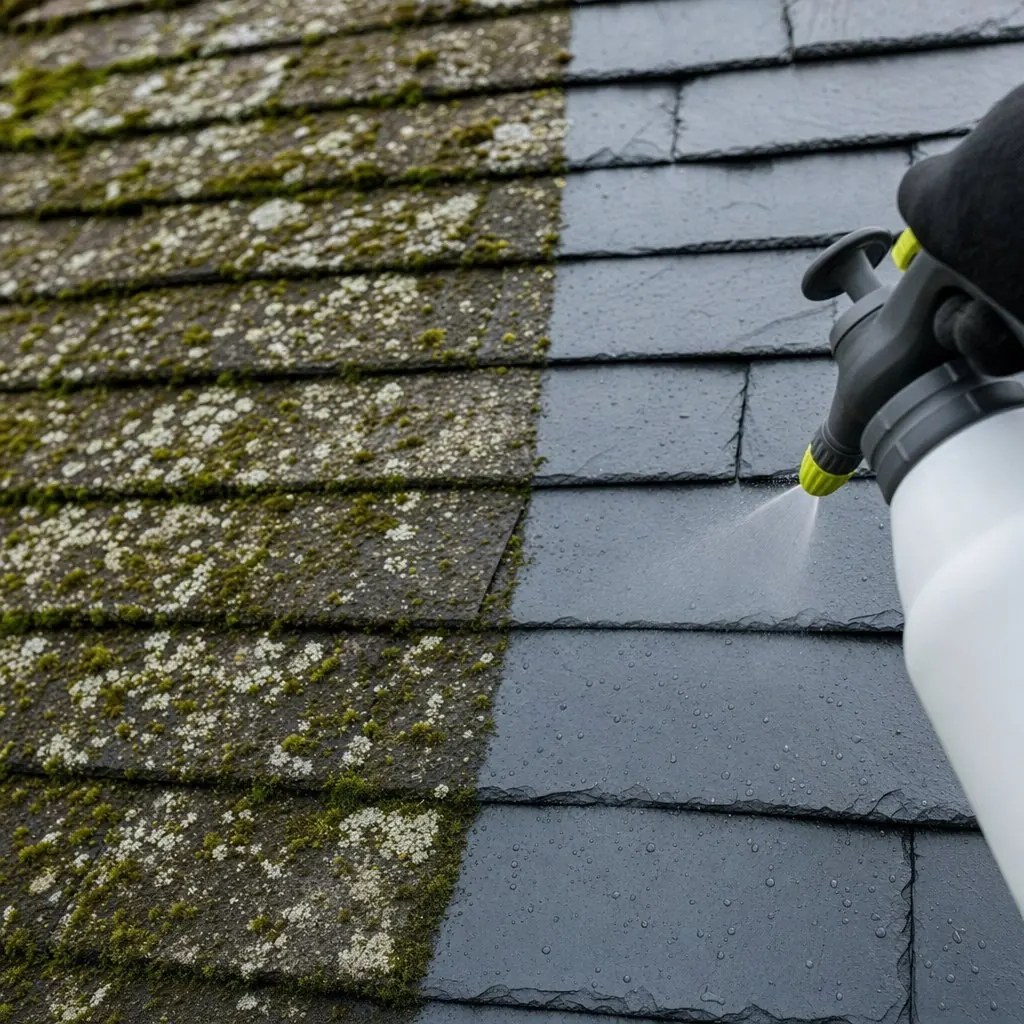Gros plan sur une toiture en ardoise démoussée : à gauche des ardoises couvertes de mousse et de lichen, à droite des ardoises propres où l’eau perle après le traitement hydrofuge