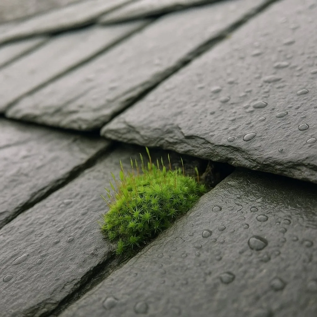 Gros plan sur un début de mousse verte entre deux ardoises humides, au stade où un entretien empêche encore l’installation durable