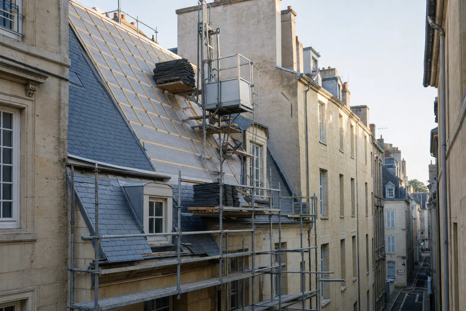 Image de synthèse : échafaudage contre un immeuble en pierre claire, versant d’ardoise en cours de réfection, liteaux neufs apparents