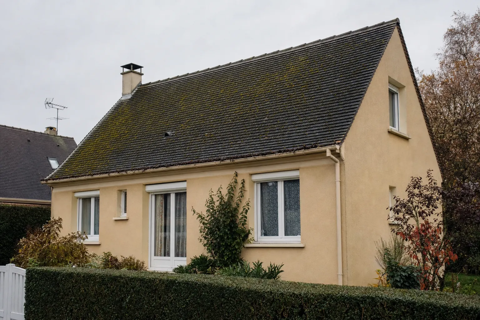 Image de synthèse : pavillon des années quatre-vingt dont le versant nord se couvre de mousse