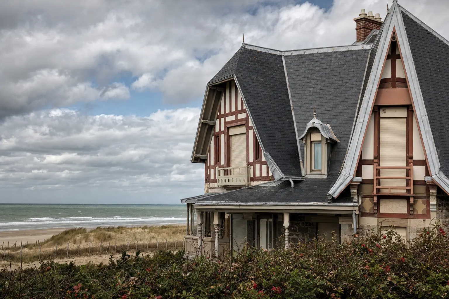 Image de synthèse : villa balnéaire à colombages et toit d’ardoise face à la mer, sur la côte normande